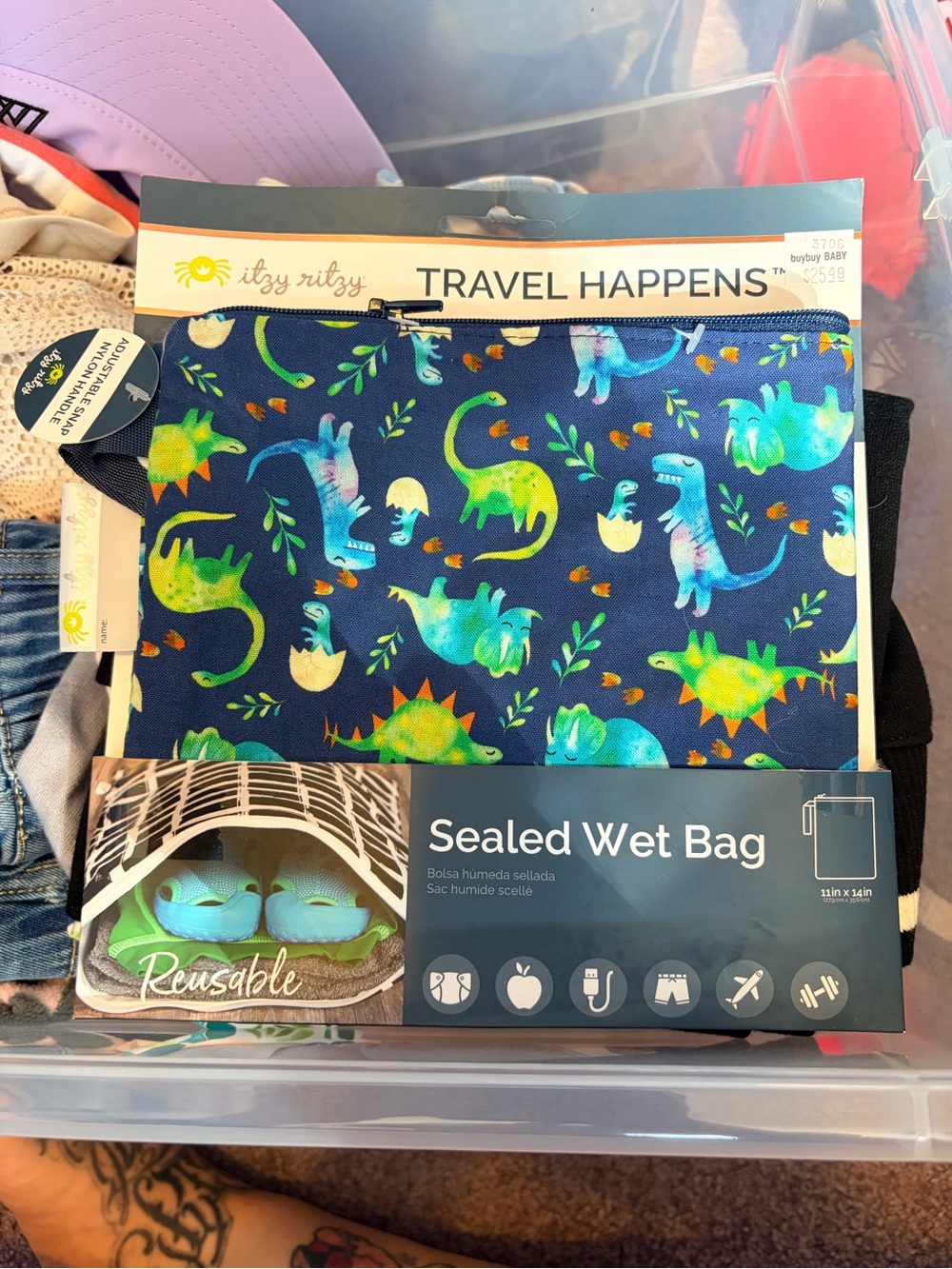 Itzy Ritzy Sealed Wet Bag - Navy with Bright Green & Turquoise Dinosaurs